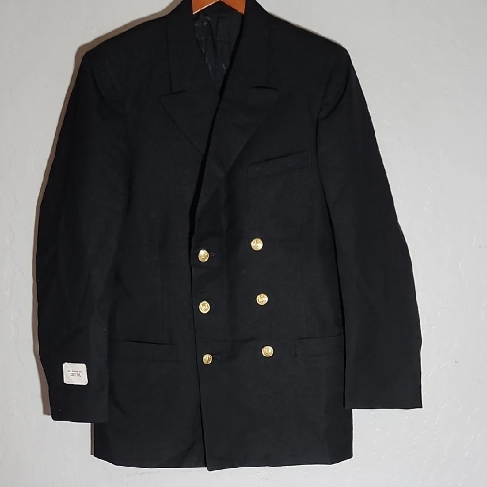 Military Black Double-Breasted Blazer with Gold Buttons Wool Winter Coat 37L